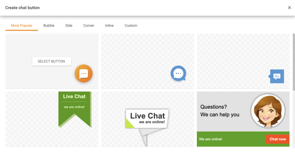 Selectați un buton de chat live din galeria butoanelor de chat