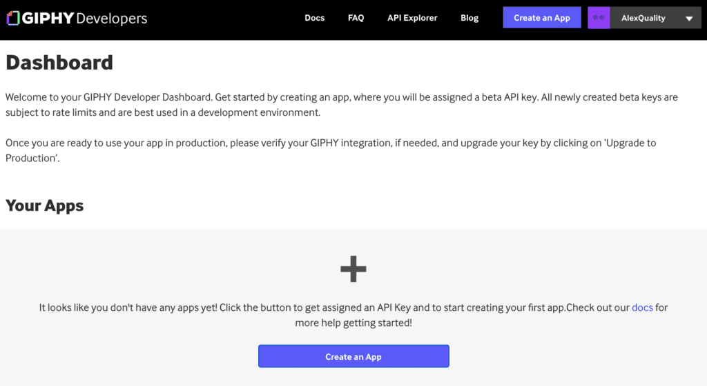 Giphy-Dashboard mit App-Erstellungsoption zum Generieren eines API-Schlüssels