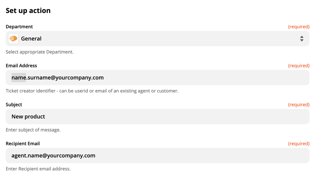 Configuration de l'action LiveAgent sur Zapier