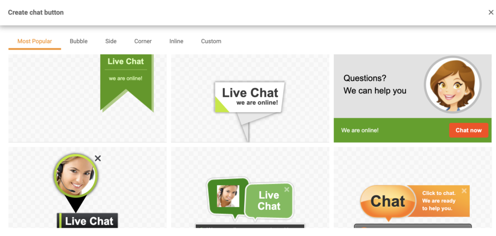 Sélection de boutons de chat dans la galerie de boutons de chat de LiveAgent