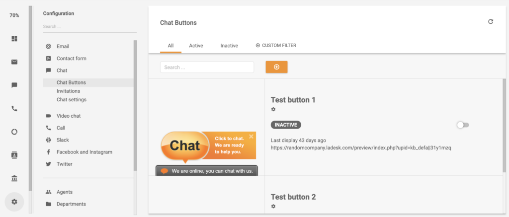 Section du bouton de chat dans la configuration de LiveAgent