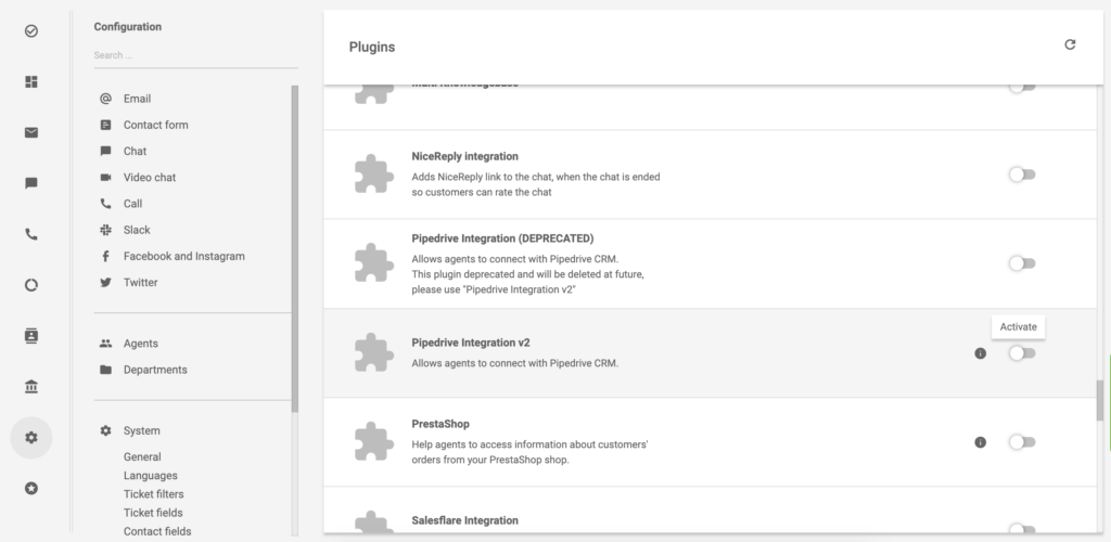 دمج PipeDrive v2 داخل قسم إضافات LiveAgent