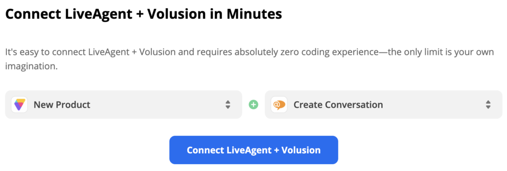 Le déclencheur Volusion New Product et l'action LiveAgent Create Conversation sont sélectionnés dans Zapier.