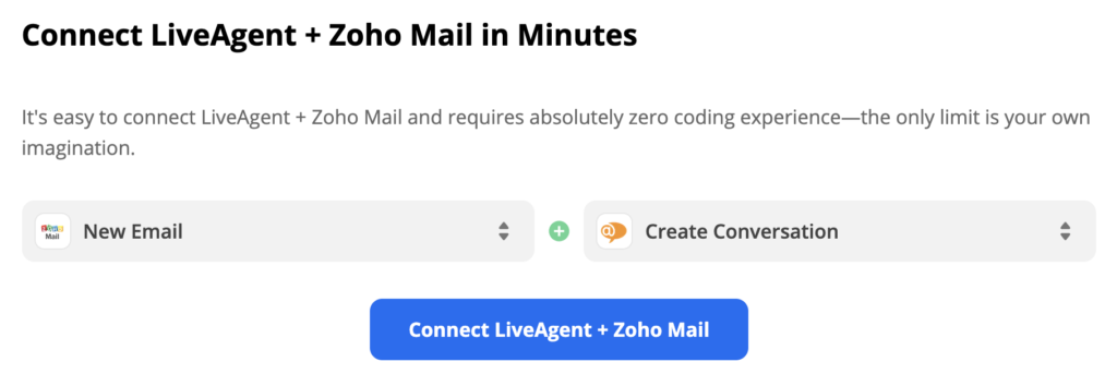 为Zoho Mail选择新的电子邮件触发条件，并为LiveAgent创建对话动作。