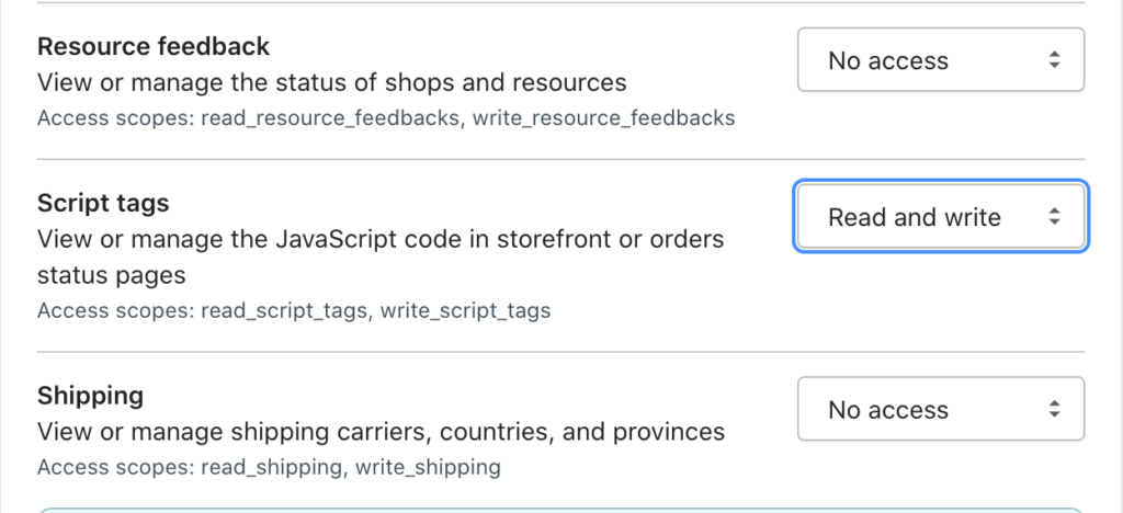 Altere as permissões das tags de script para leitura e gravação no Shopify