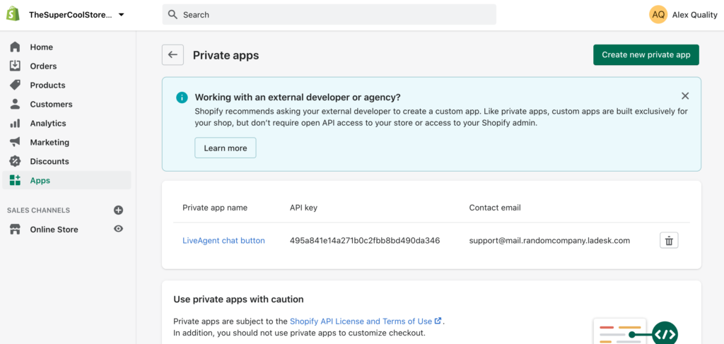 Crie um novo aplicativo privado no Shopify para criar uma integração com o LiveAgent