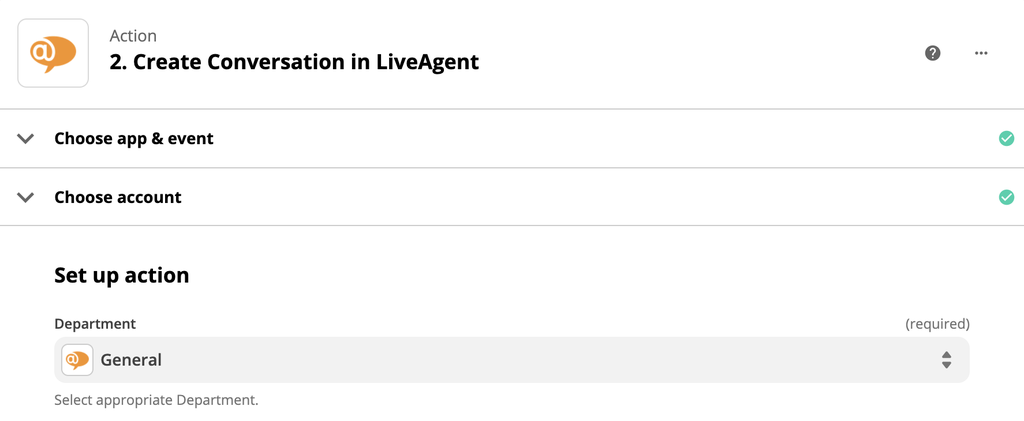 LiveAgent action setup with required fields