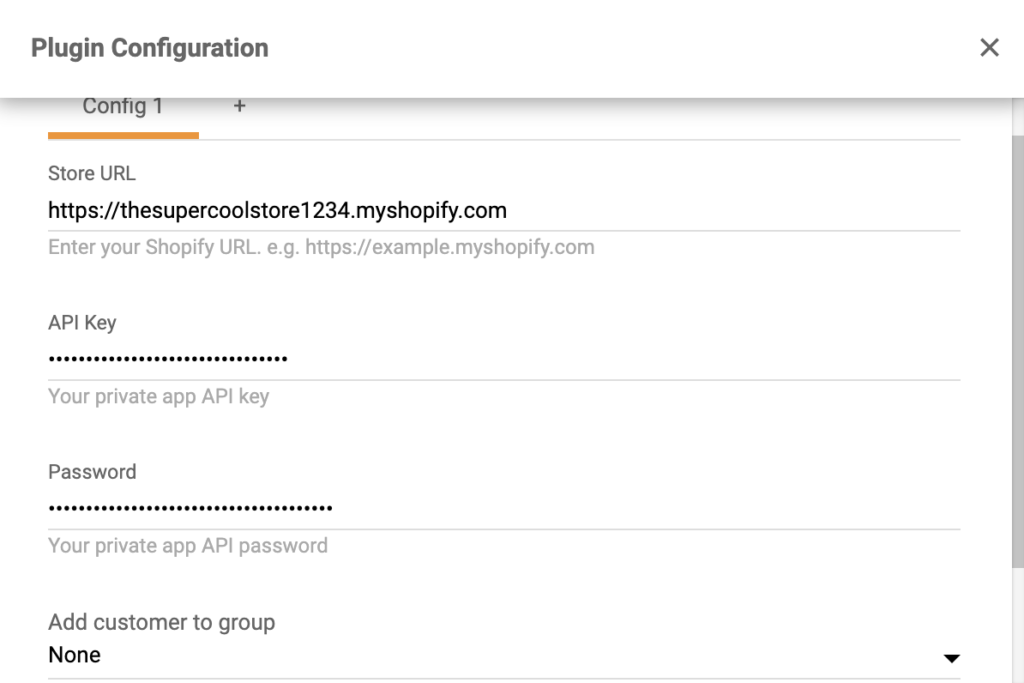 Copie e cole a chave de API e a senha na configuração do plug-in Shopify no LiveAgent