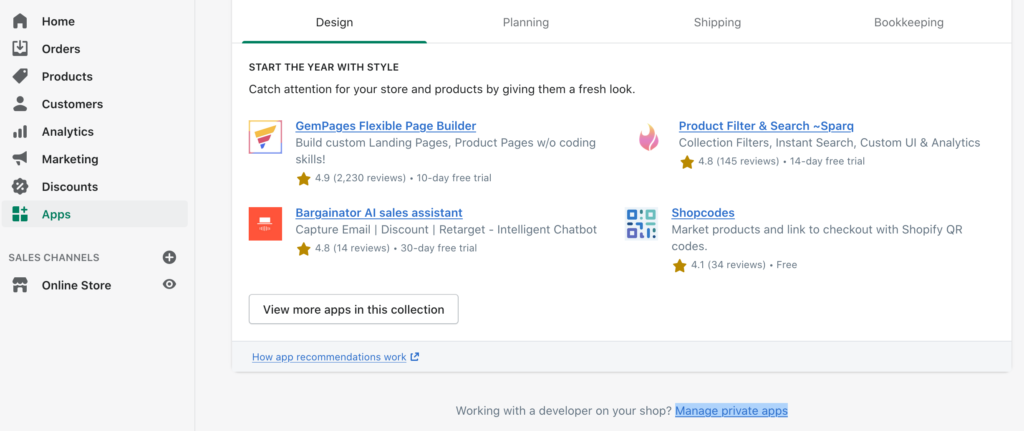 Kezelje a magánalkalmazásokat a Shopify Apps szakasz alján