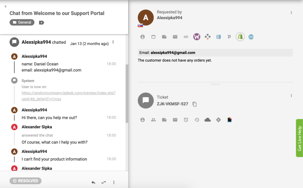 A Shopify plugin aktív a LiveAgent szolgáltatásban, és az ügyfelek megrendelései a jegy nézetéből láthatók