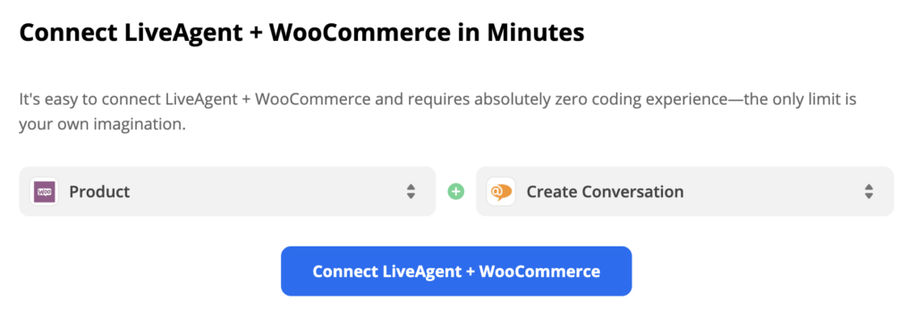 WooCommerce trigger and LiveAgent action selected on Zapier integrations page
