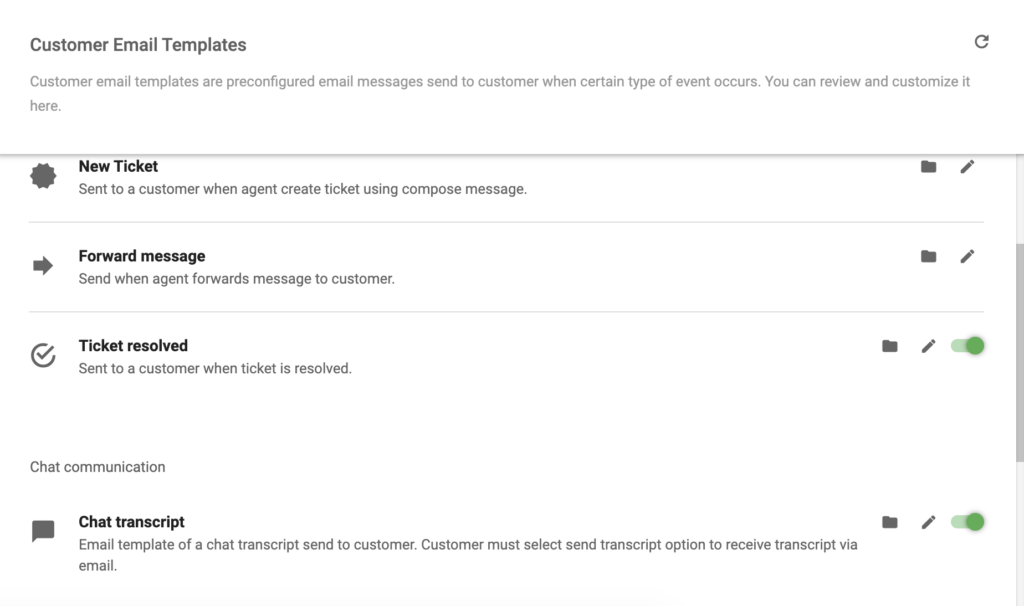 Customer template options in LiveAgent configuration