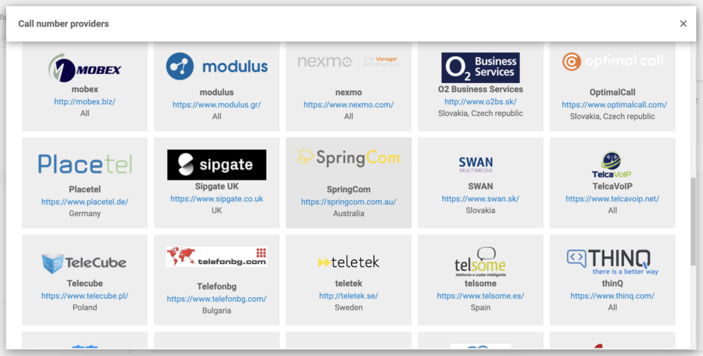 مزود رقم اتصال SpringCom في القائمة في تكامل LiveAgent