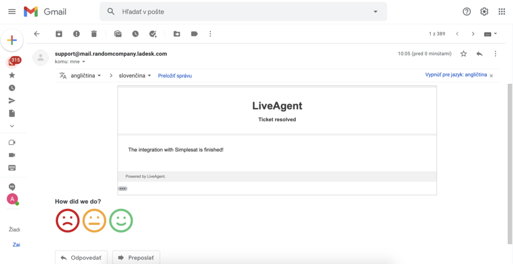 Sporočilo LiveAgent s povratnimi informacijami Simplesat v Gmail nabiralniku