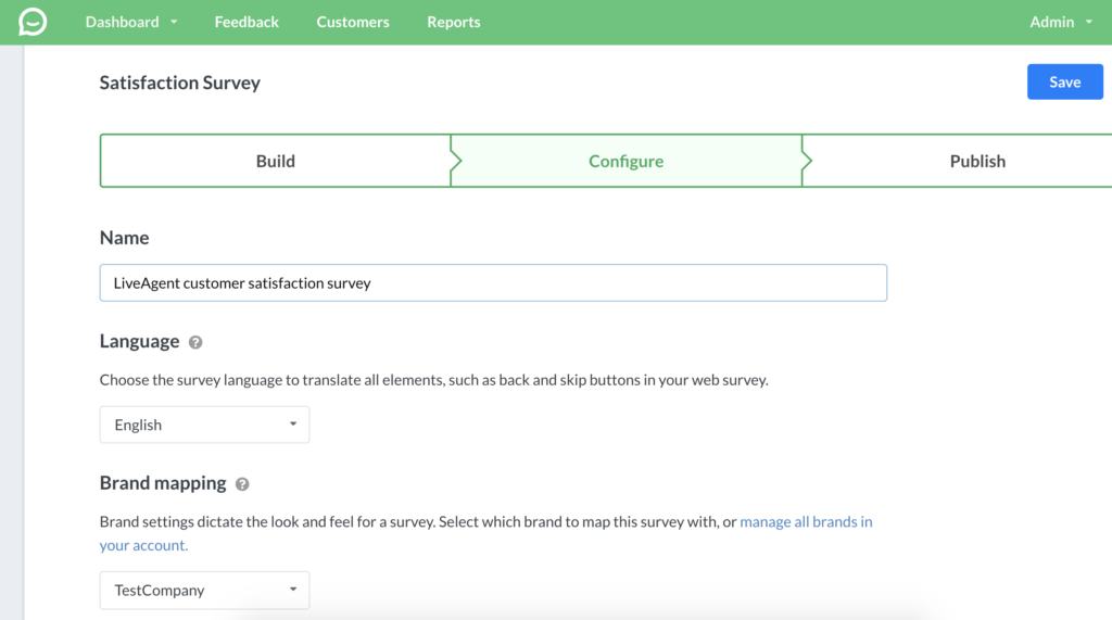 Pestaña de configuración de la encuesta con opciones en Simplesat