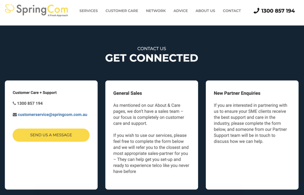 SpringCom kontaktside med email og telefonnummer