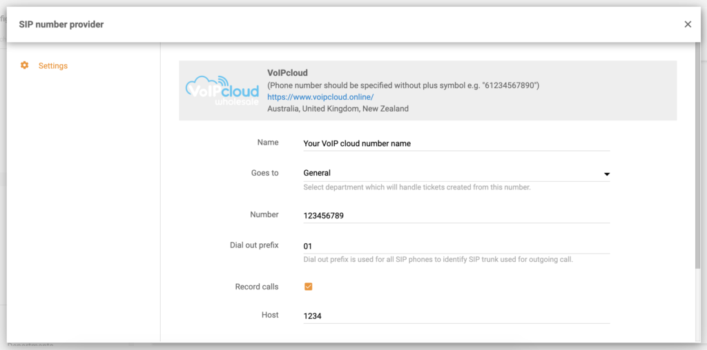 VoIPcloud nummerdetaljer i LiveAgents konfigurasjon