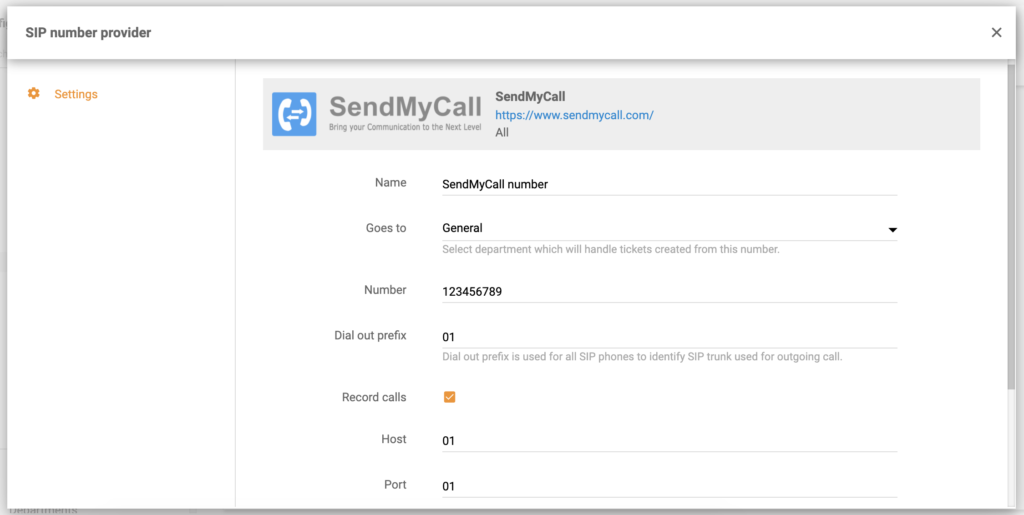 Konfigurace čísla SendMyCall v aplikaci LiveAgent