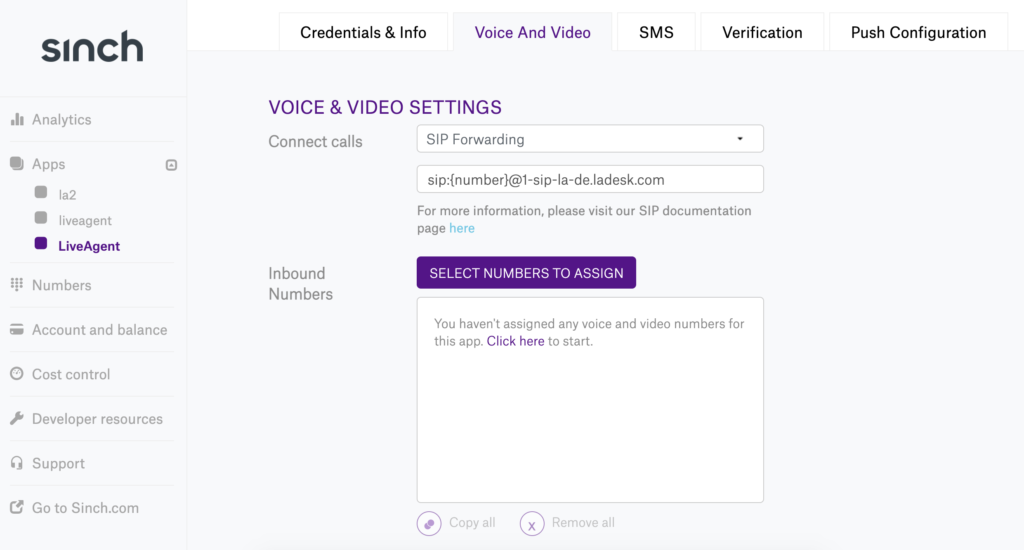 "Sinch" balso ir vaizdo nustatymai naujos aplikacijos konfigūracijoje su pasirinktu SIP persiuntimu