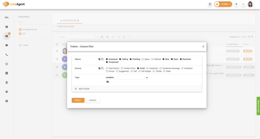 Aangepaste filters in LiveAgent