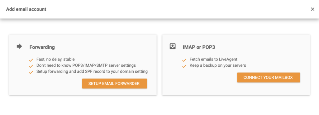 Intégration du mail de LiveAgent avec transfert ou paramètres IMAP/POP3