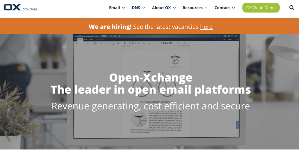 Open-Xchange startpagina met voordelen