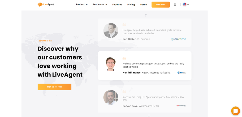 LiveAgent's landpage testimonals