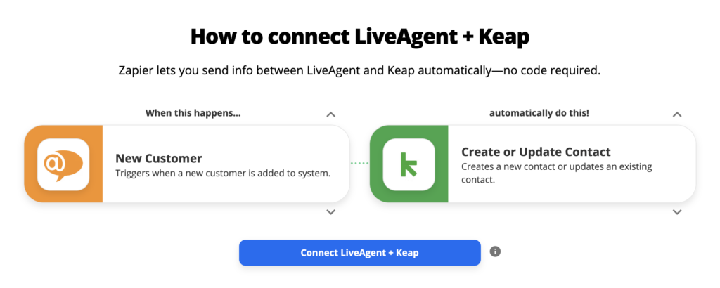 Options d'intégration de LiveAgent et Keap sur Zapier