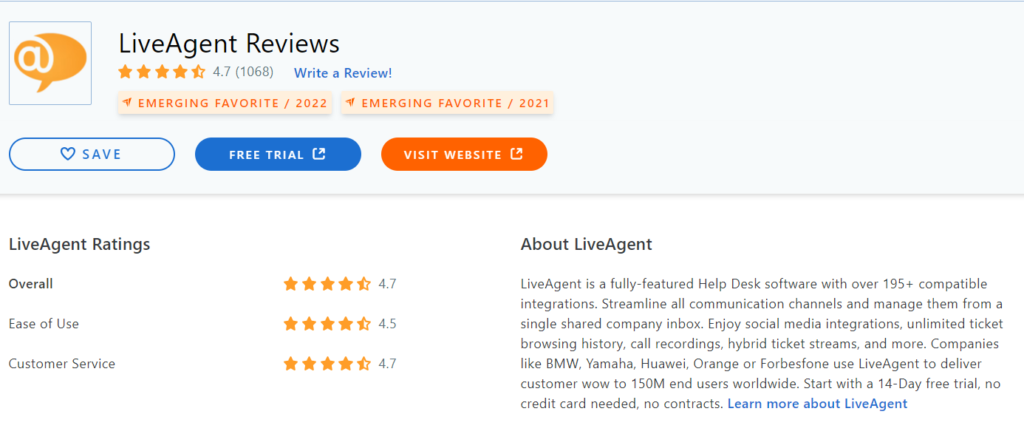 Reseña LiveAgent Capterra 2022
