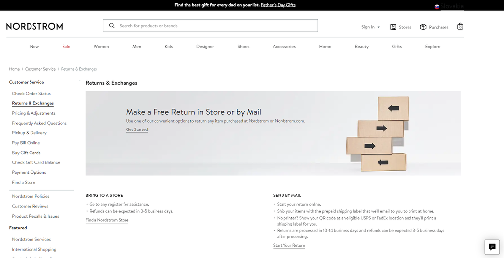 Captura de tela da página da Nordstrom oferecendo devolução gratuita na loja ou pelo correio