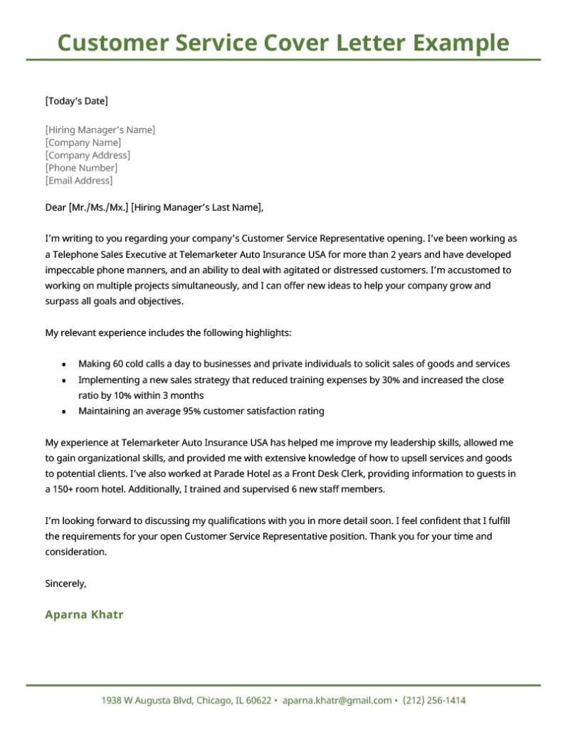 cover letter examples for customer service