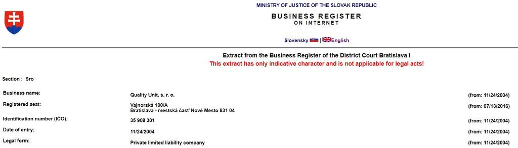 Quality Unit - Extract from the Business Register of the District Court Bratislava I