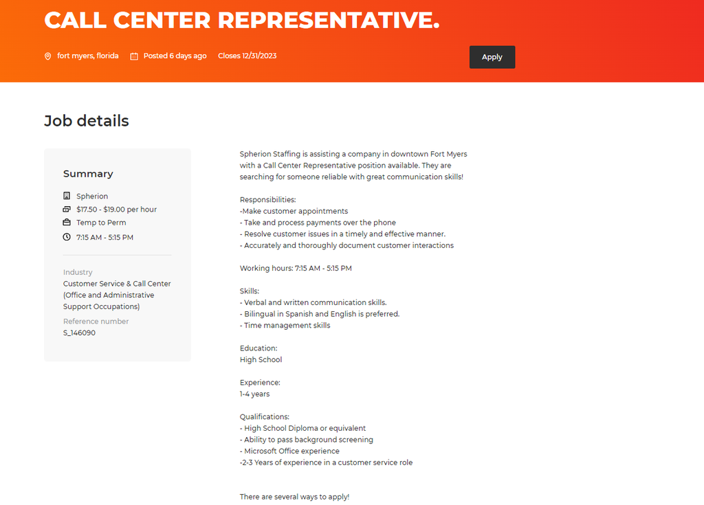 Näide kõnekeskuse esindaja töökuulutusest Floridas