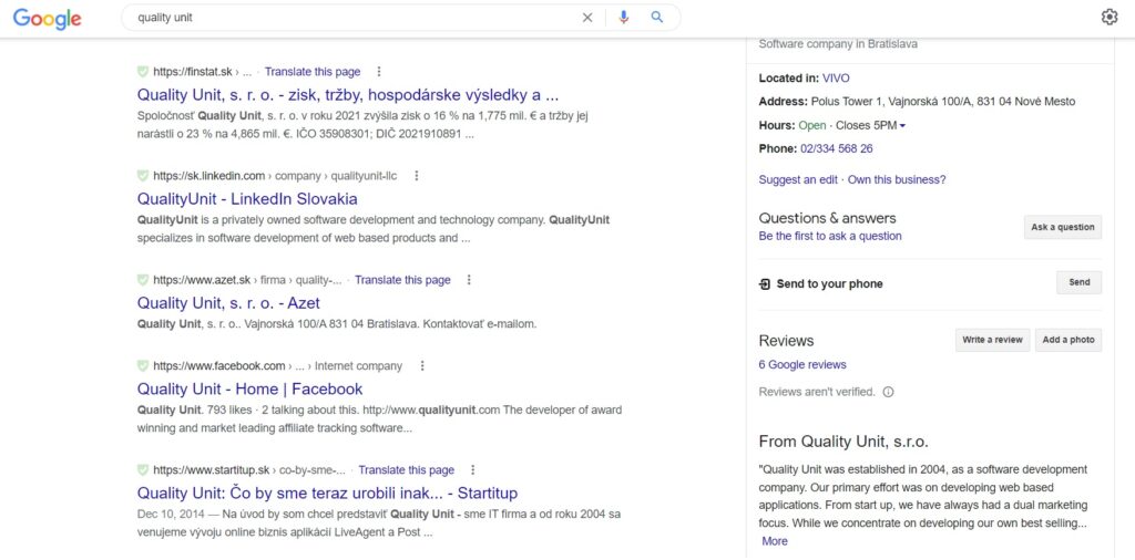 Quality Unit Google search results