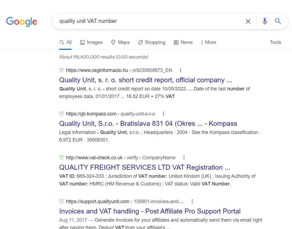 Quality Unit VAT number Google search