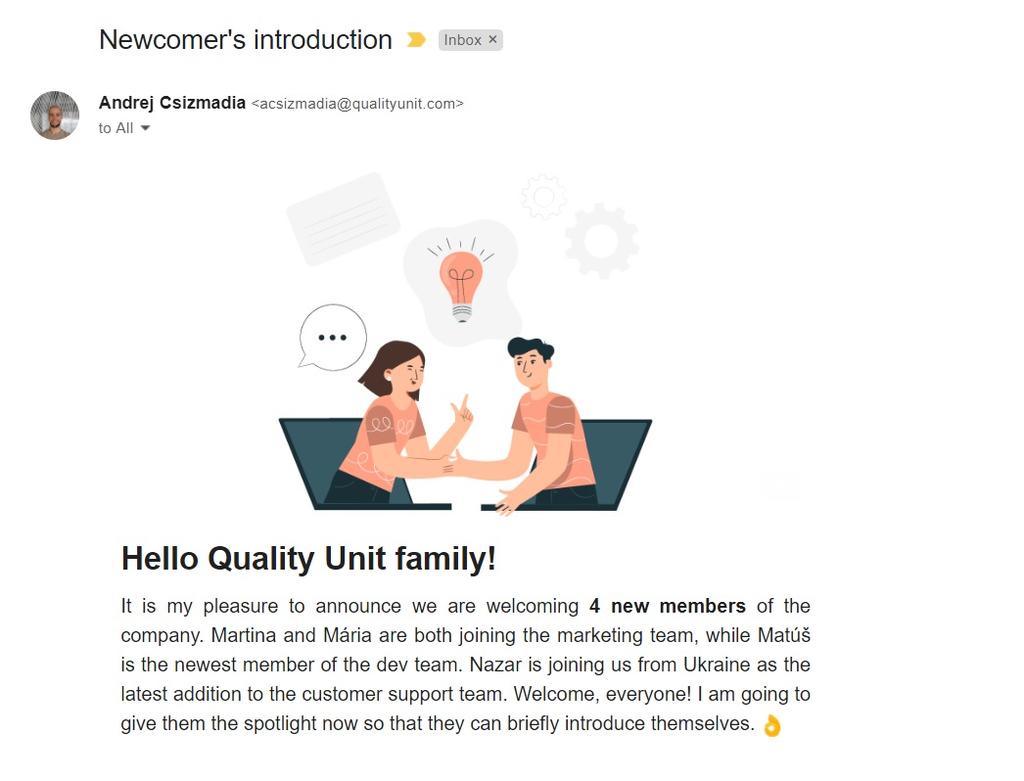 Email &pi;&alpha;&rho;&omicron;&upsilon;&sigma;ί&alpha;&sigma;&eta;&sigmaf; &tau;&eta;&sigmaf; Quality Unit &sigma;&epsilon; &nu;έ&omicron;&upsilon;&sigmaf; &upsilon;&pi;&alpha;&lambda;&lambda;ή&lambda;&omicron;&upsilon;&sigmaf;