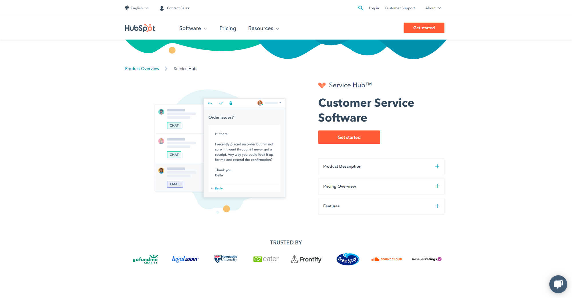 Hubspot Service Hub Live Chat software homepage