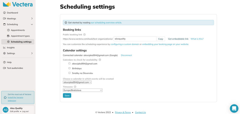 A picture showing Vectera Scheduling meetings settings with the option to get an embeddable link