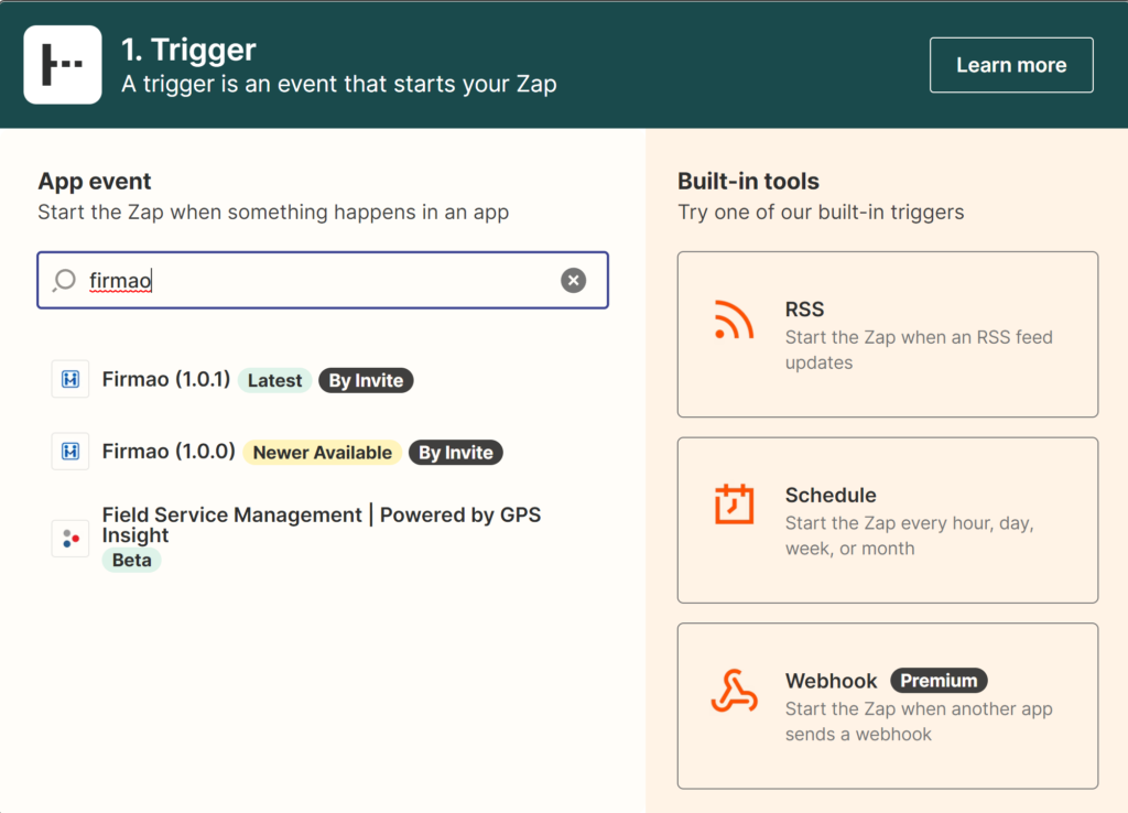 Slika koja prikazuje kako naći Firmao integraciju na Zapier-u