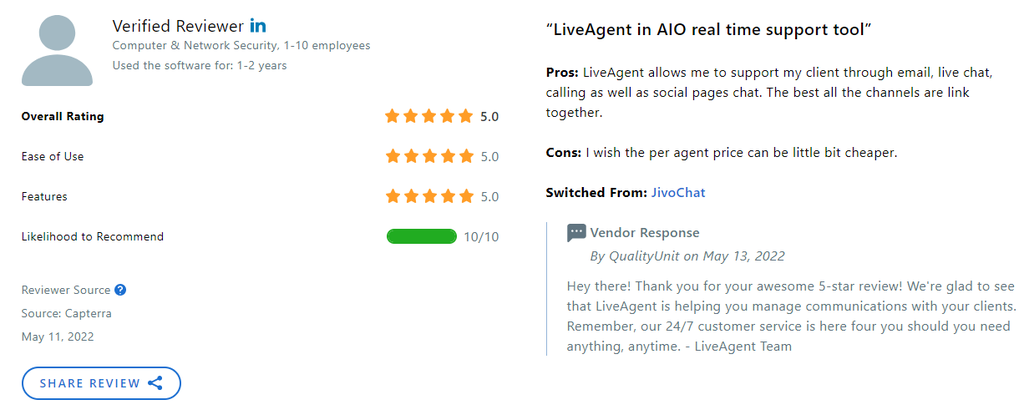 Avaliação do LiveAgent no Capterra