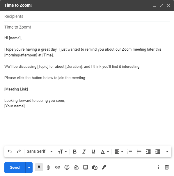 Zoom meeting reminder email template example