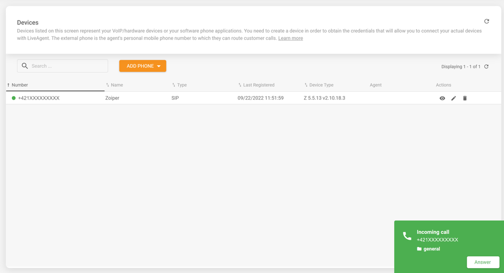 Slika koja prikazuje dolazni poziv u uspješno integriranom Zopier softphone-u s LiveAgent help desk softverom