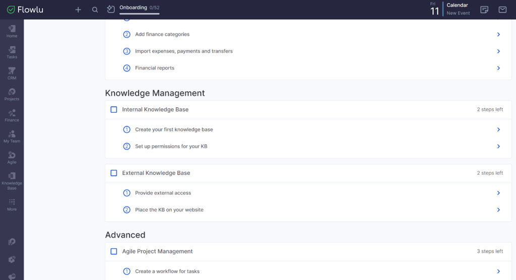 Flowlu - Onboarding process - knowledge management section