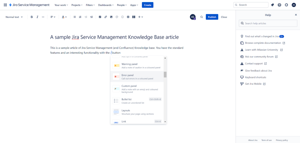 Jira Service Management - criando um artigo