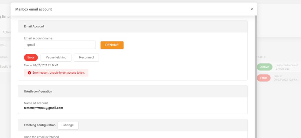 LiveAgent - Removed error message after adding Gmail incoming mail account