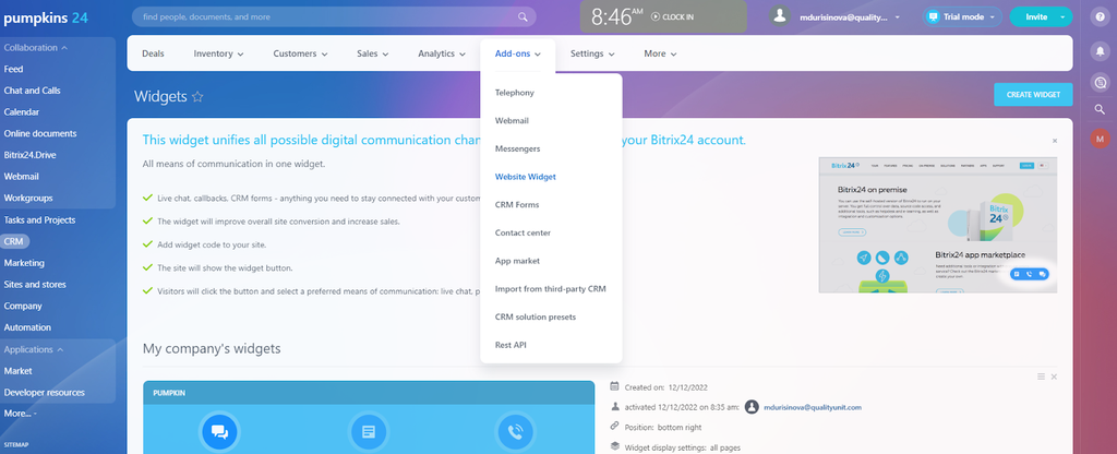 Website widget toevoegen in Bitrix24