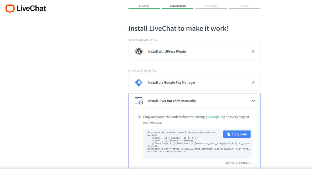LiveChat opcije instaliranja