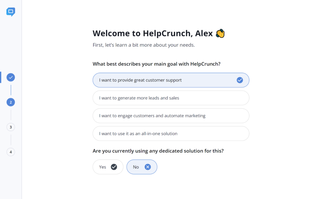 Benvenuti nella schermata di Help Crunch