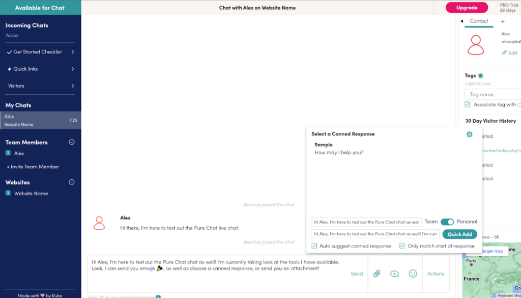 Пример за лайв чат в таблото на Pure Chat