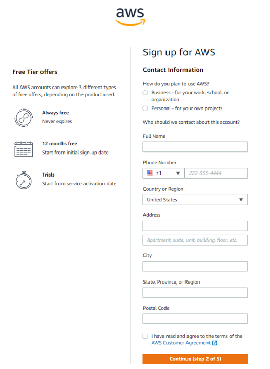 Registro de AWS - información de contacto